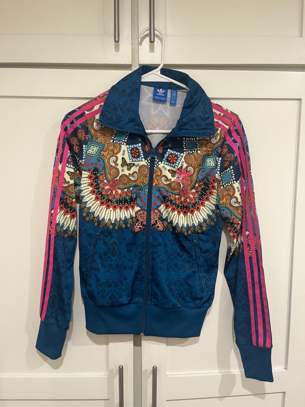 adidas Teal Blue Paisley Mosaic Track Jacket with Pink Stripes XS RARE